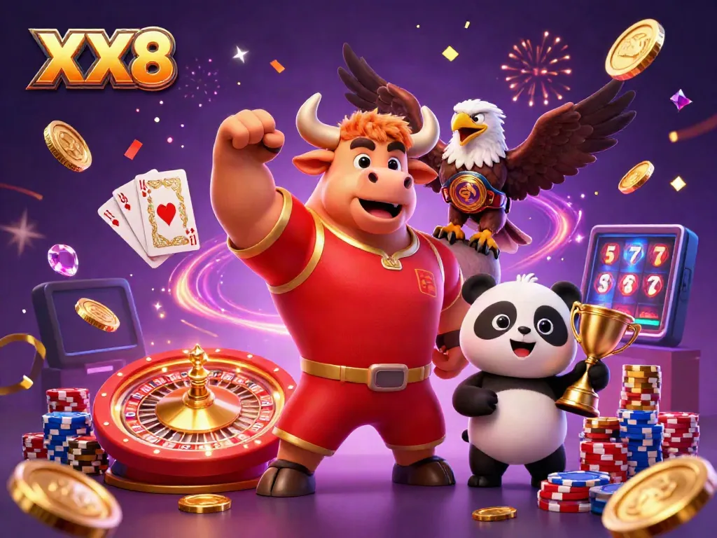 Activate winning strategies in a vibrant casino scene featuring XX8 with dynamic characters and casino items.
