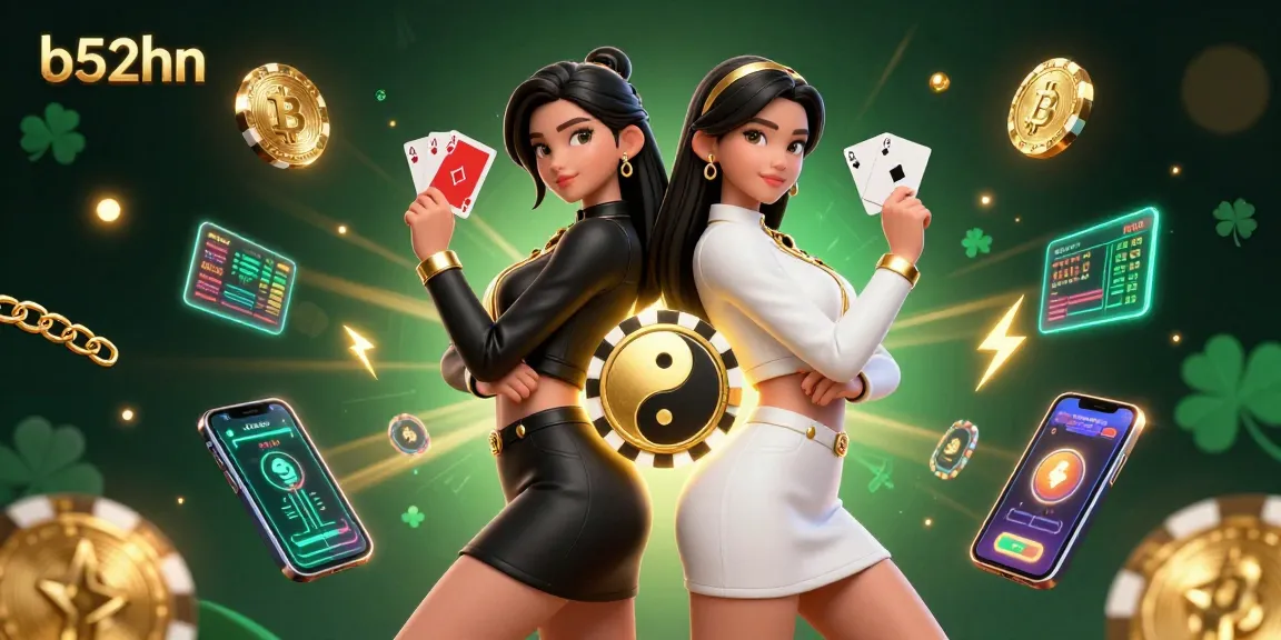 Experience immersive gaming at b52hn with twin Asian women dynamically showcasing card skills amidst glowing coins.