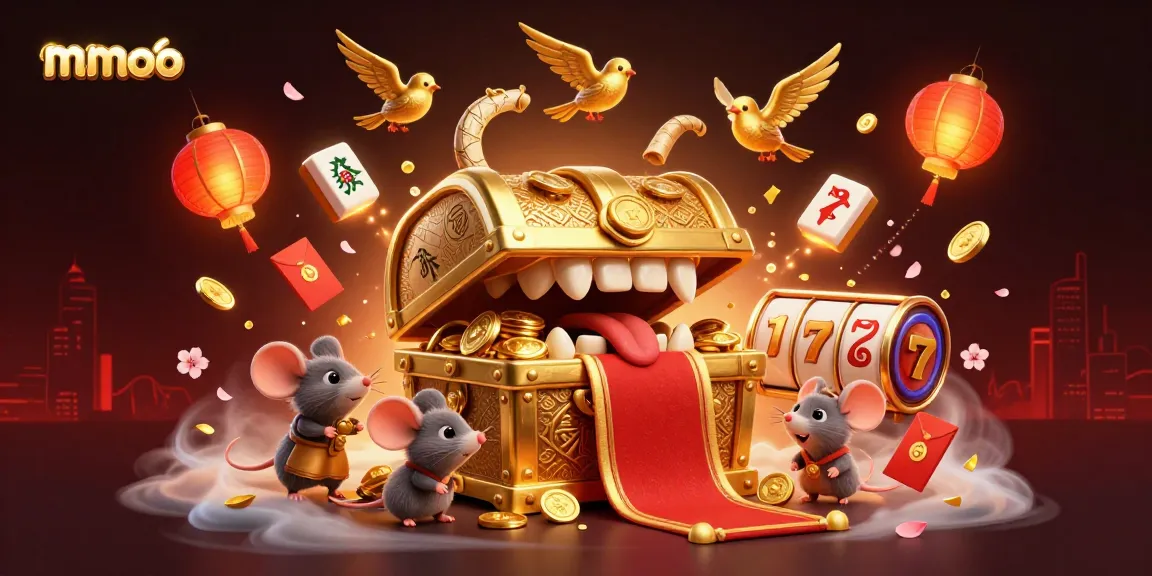 Win big with mmoo's thrilling 3D treasure chest, surrounded by dazzling casino elements.