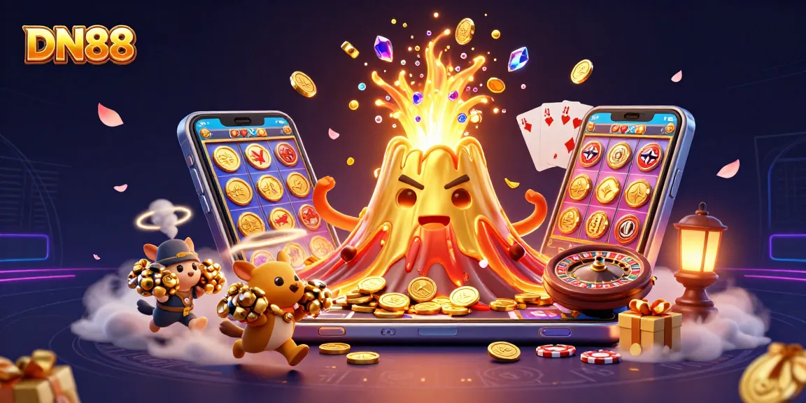 Experience thrilling wins at DN88 casino with golden volcano and treasure-filled slots!
