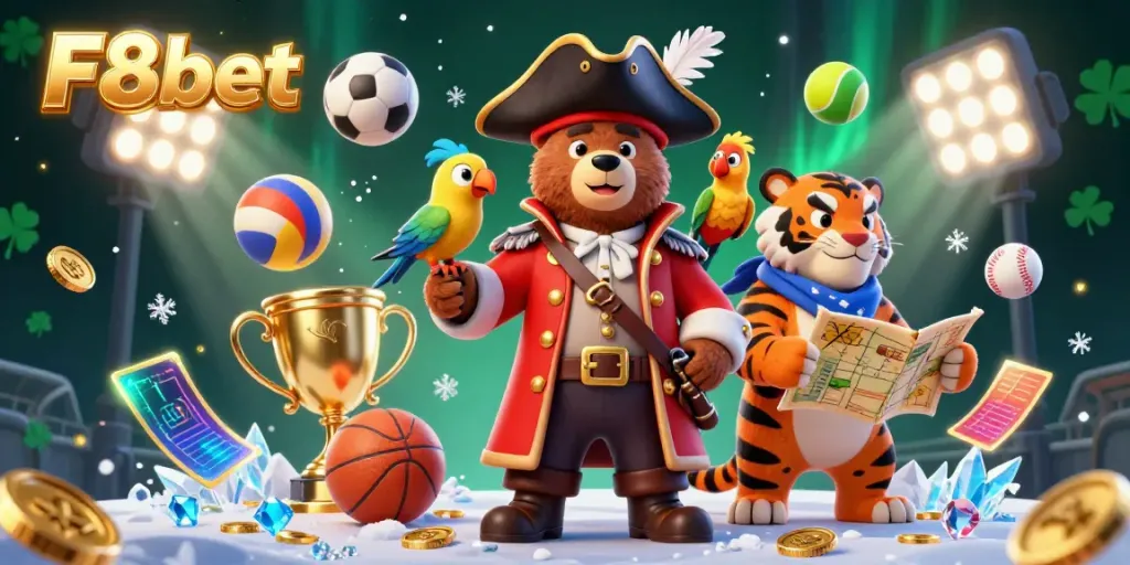 Experience thrilling bets with F8bet in a dynamic, vibrant casino scene featuring a pirate captain bear, tiger, and sports elements.