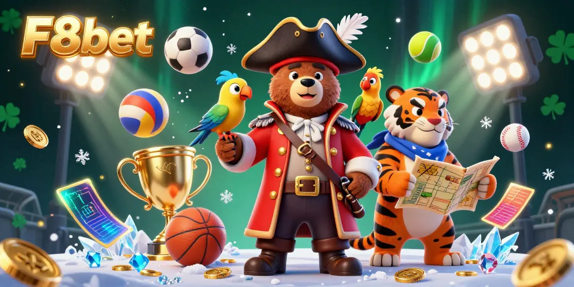 Experience thrilling bets with F8bet in a dynamic, vibrant casino scene featuring a pirate captain bear, tiger, and sports elements.