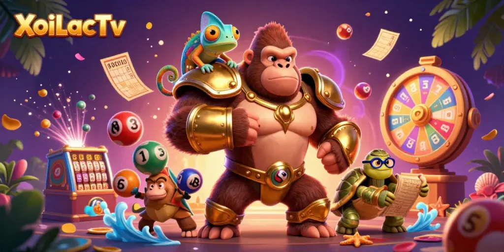 XoiLacTv showcases a lively scene with a gorilla king and companions surrounded by dynamic gambling elements.