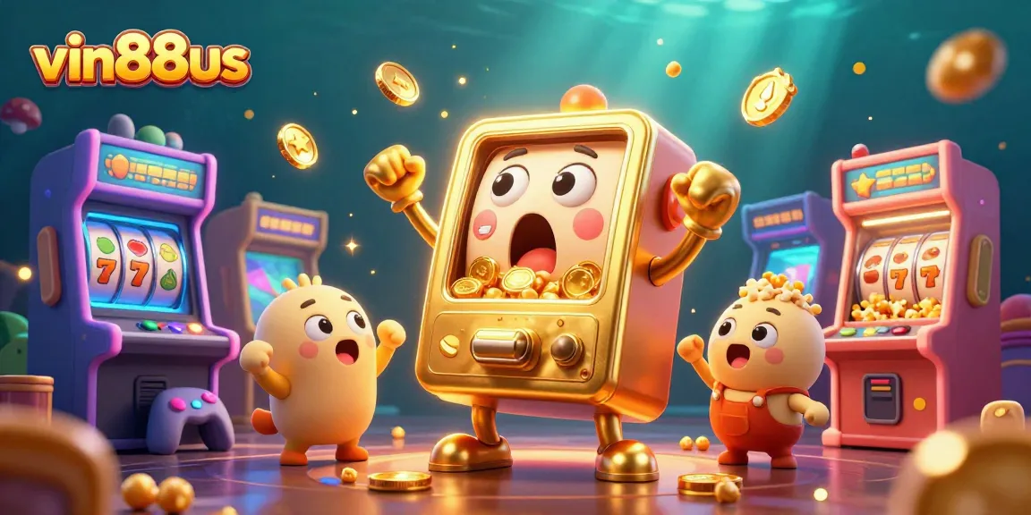 Spin the reels with vin88us as the golden slot machine hits the jackpot, coins overflowing in celebration.