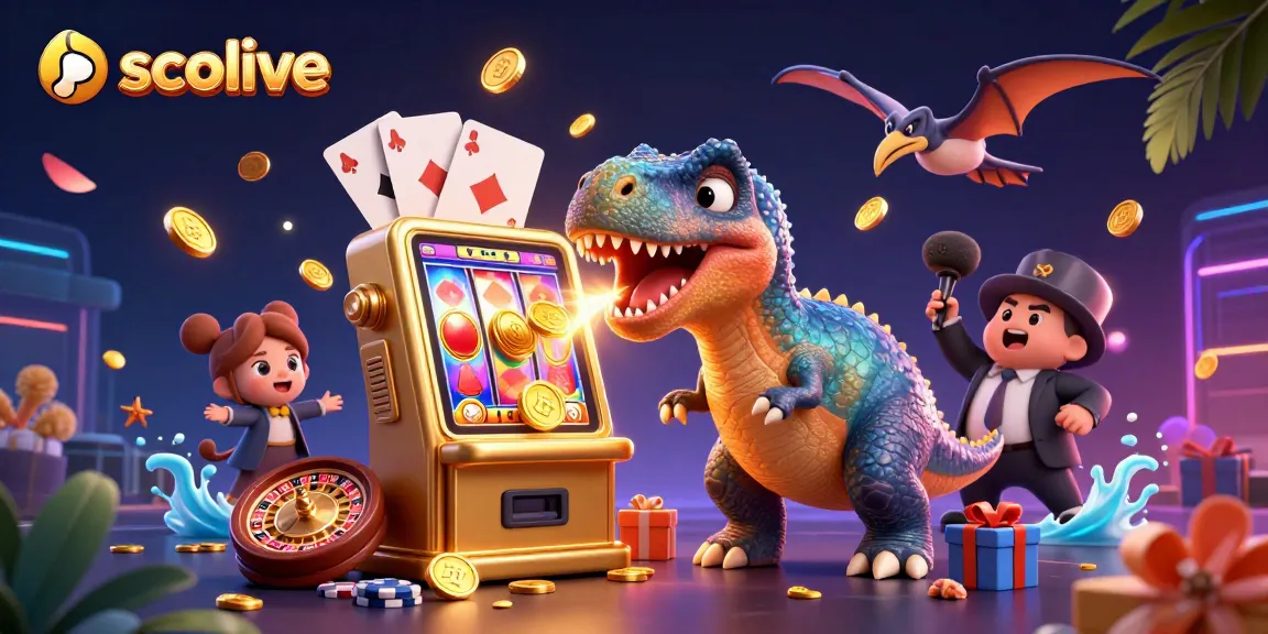 Socolive captures a thrilling scene where a dinosaur engages with a golden slot machine amidst a vibrant casino backdrop.