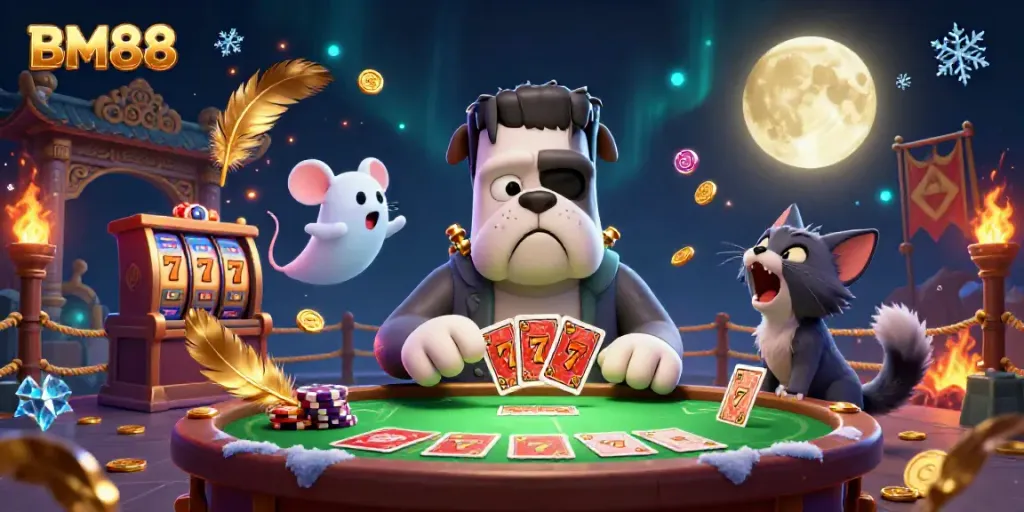 Engage in thrilling games with BM88 in a vibrant casino scene featuring energetic characters and slot action.
