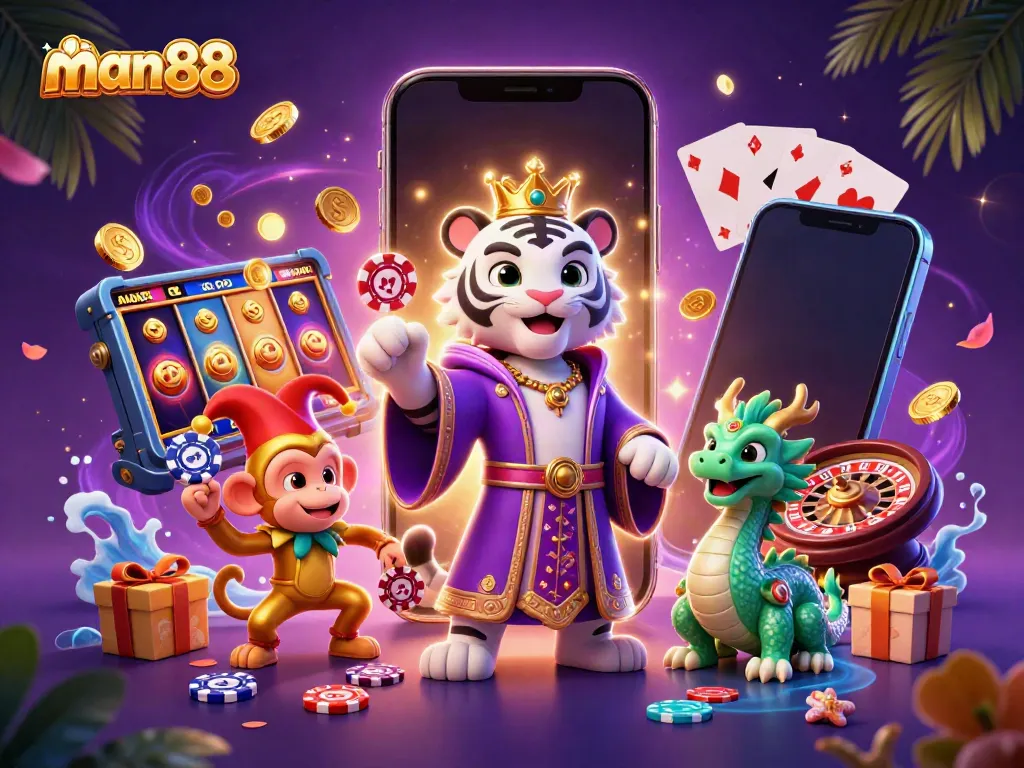 Experience man88's vibrant atmosphere with a playful scene featuring a white tiger, golden monkey, and jade dragon amidst casino elements.