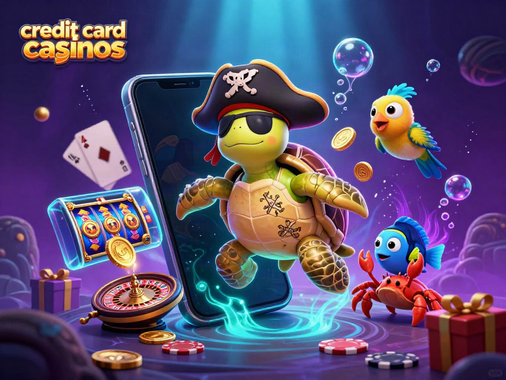 Engage with exciting credit card casinos featuring a 3D pirate turtle, crab, and fish amid vibrant slot games and coins.