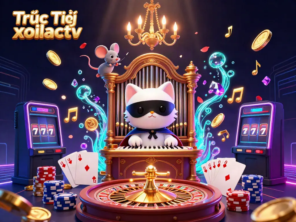 Experience Trực Tiếp xoilactv with an energetic illustration showcasing a casino theme full of dynamic elements.