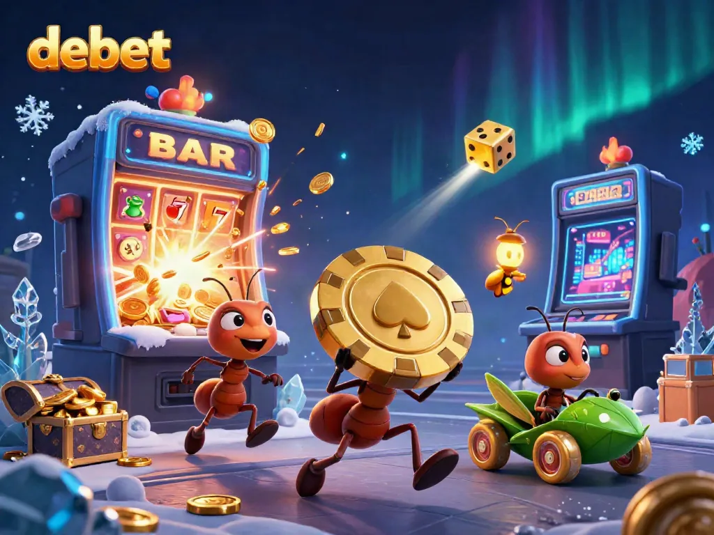 Engaging illustration showing debet-themed heist with ants and casino elements for gaming enthusiasts.
