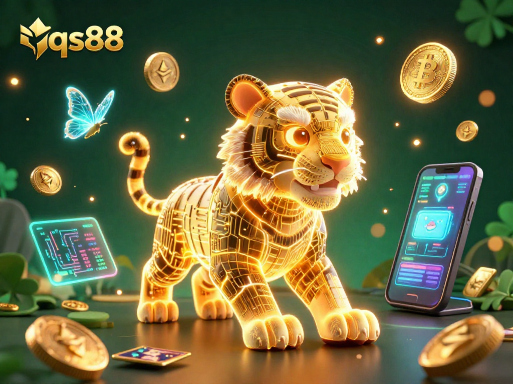 Engage with qs88 in an electrifying 3D casino scene featuring a neon tiger and crypto coins.
