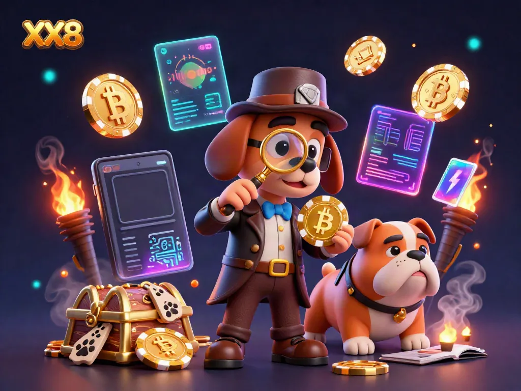 Engage with XX8's features by examining clues in a vibrant, interactive online casino scene.