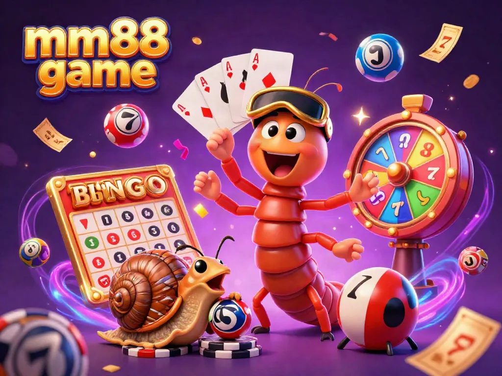 Engage with mm88 game as a colorful cartoon dealer fans playing cards with excitement, amidst vibrant slots and dynamic prizes.
