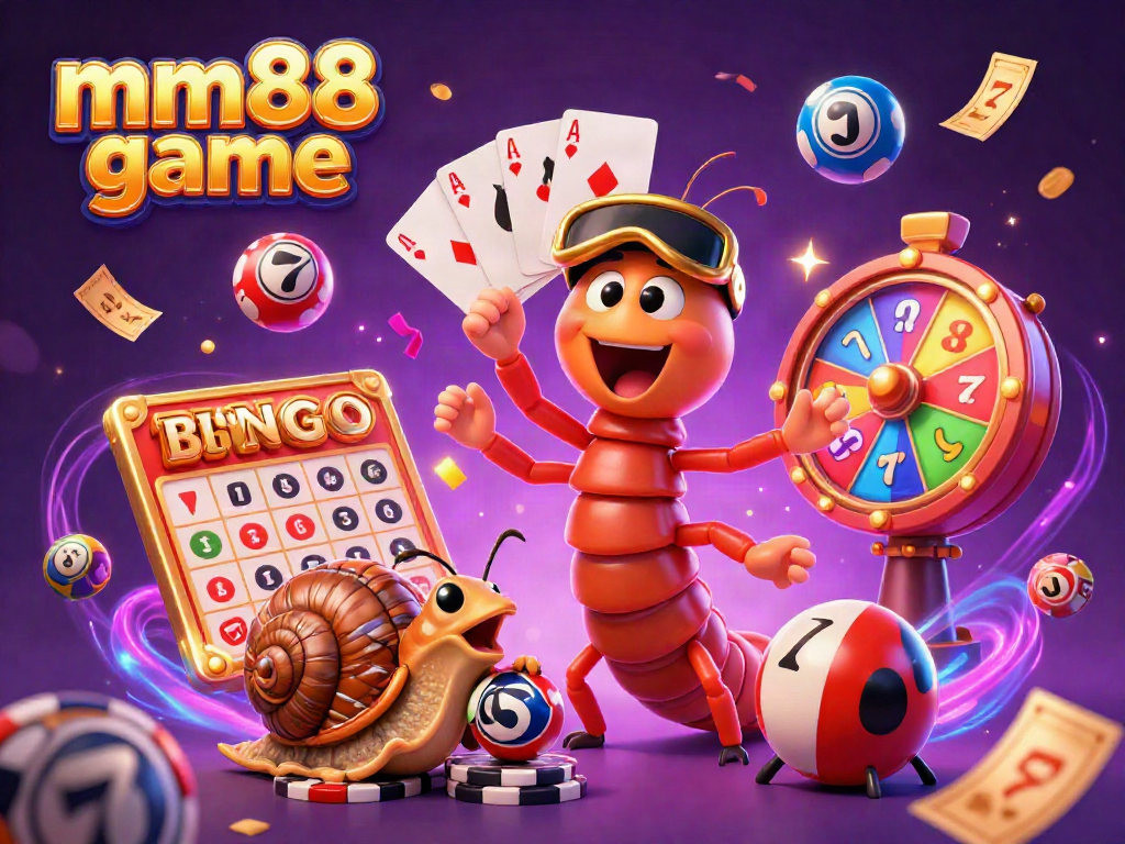 Engage with mm88 game as a colorful cartoon dealer fans playing cards with excitement, amidst vibrant slots and dynamic prizes.