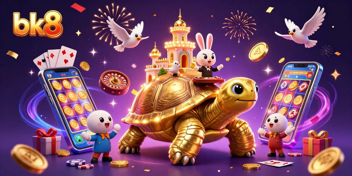 Experience the exciting world of bk8 with a golden tortoise casino and lively dealer scene, celebrating wins.
