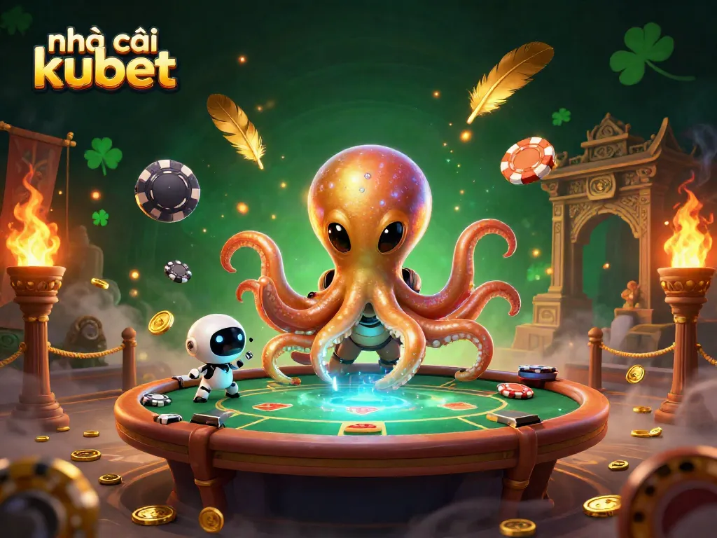 Engage with nhà cái kubet as an alien octopus operates a futuristic poker table in a vibrant casino scene.