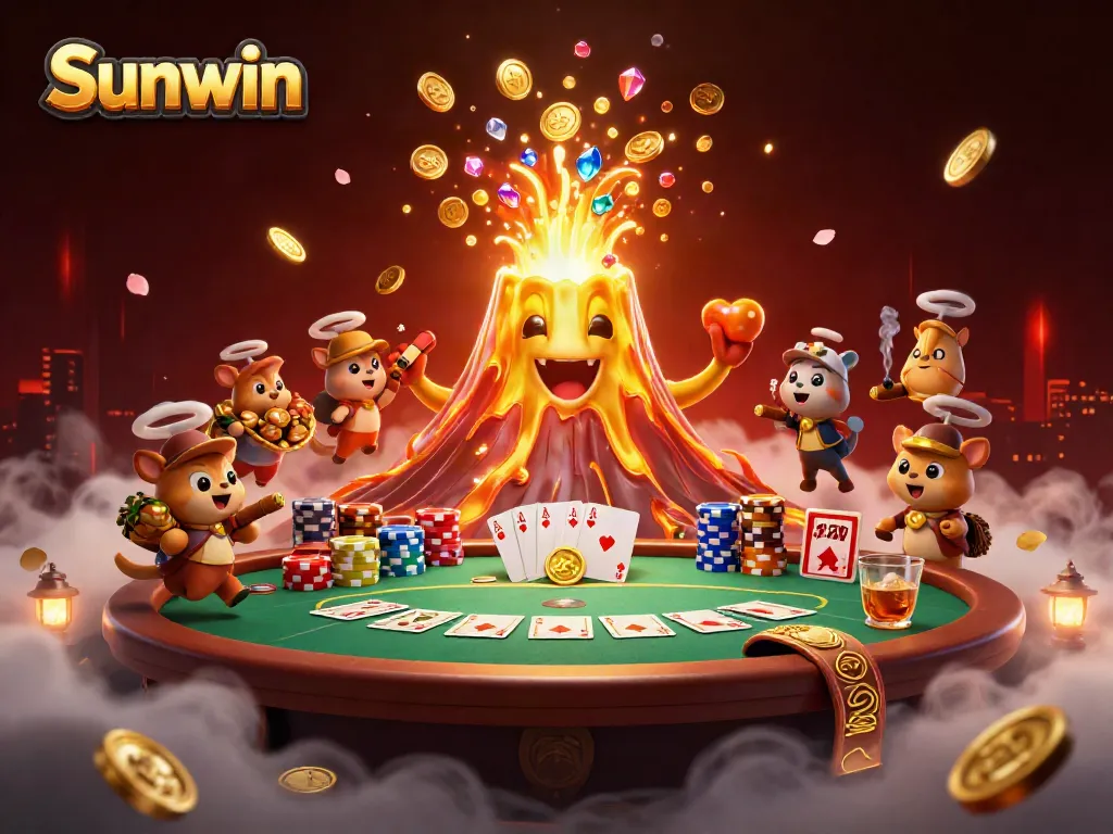 Experience thrilling wins at Sunwin with this vibrant 3D casino scene filled with treasures and poker elements.