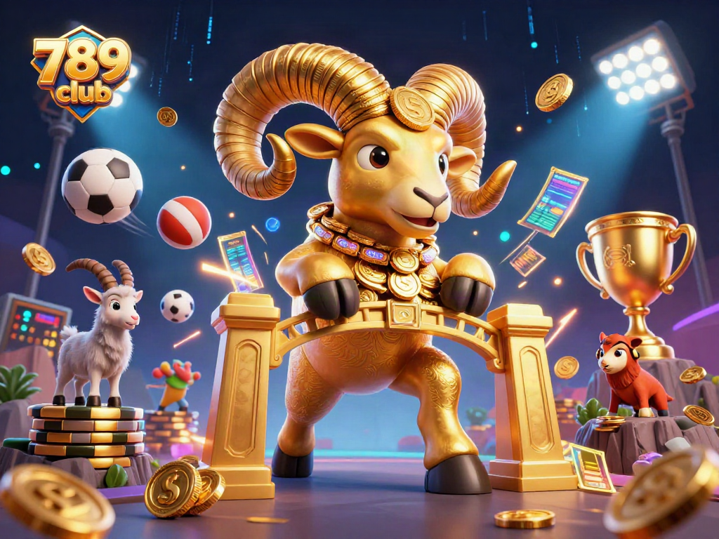 Engage with the 789 club's dynamic world of sports betting highlighted by a golden ram charging through vibrant elements.