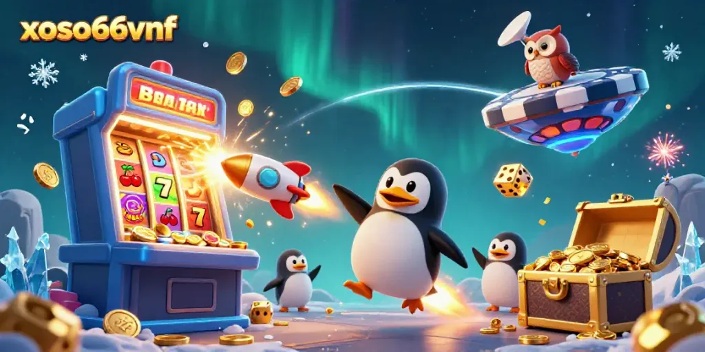 Experience thrilling gaming with the vibrant xoso66vnf scene featuring a penguin and casino elements.