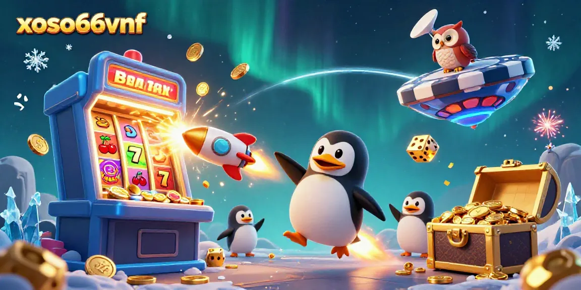 Experience thrilling gaming with the vibrant xoso66vnf scene featuring a penguin and casino elements.