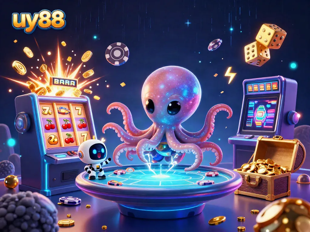 Experience the excitement of uy88 with a holographic poker scene, glowing games, and dynamic visuals.