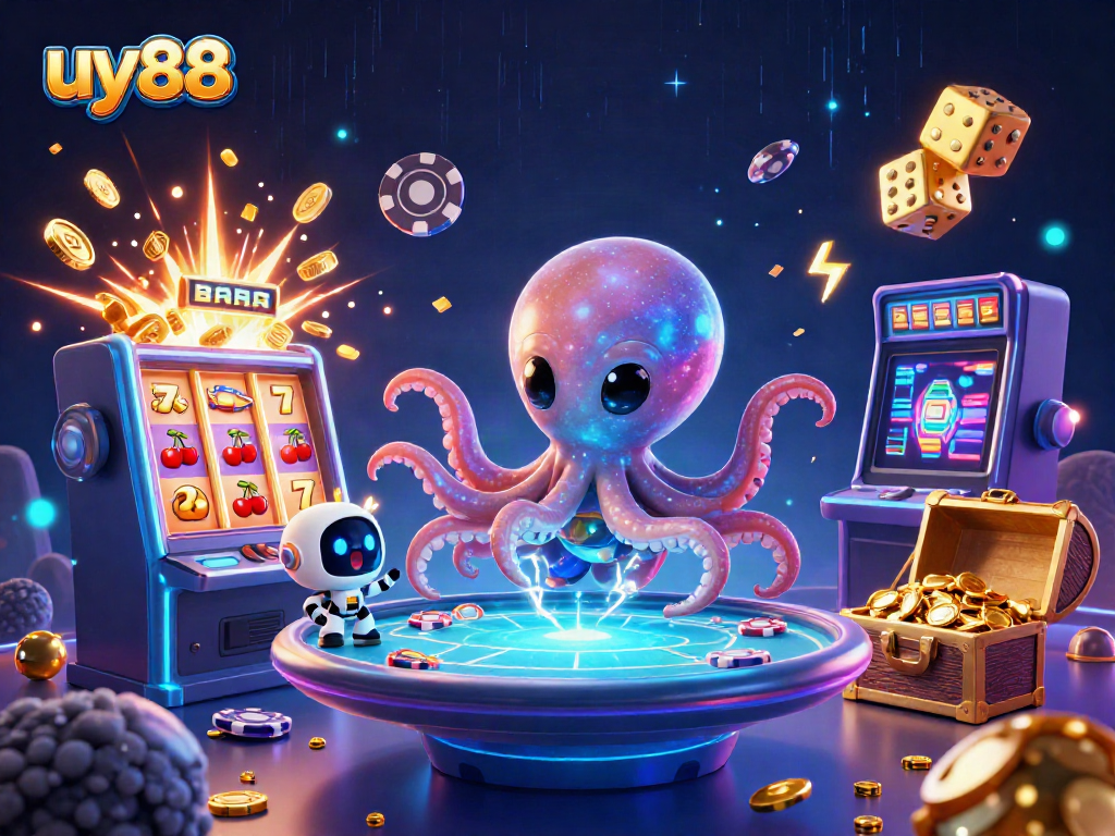 Experience the excitement of uy88 with a holographic poker scene, glowing games, and dynamic visuals.