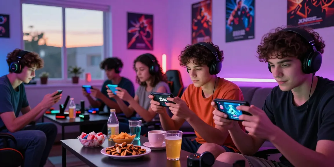 Friends gaming together on the KO66 app with snacks and vibrant lighting.