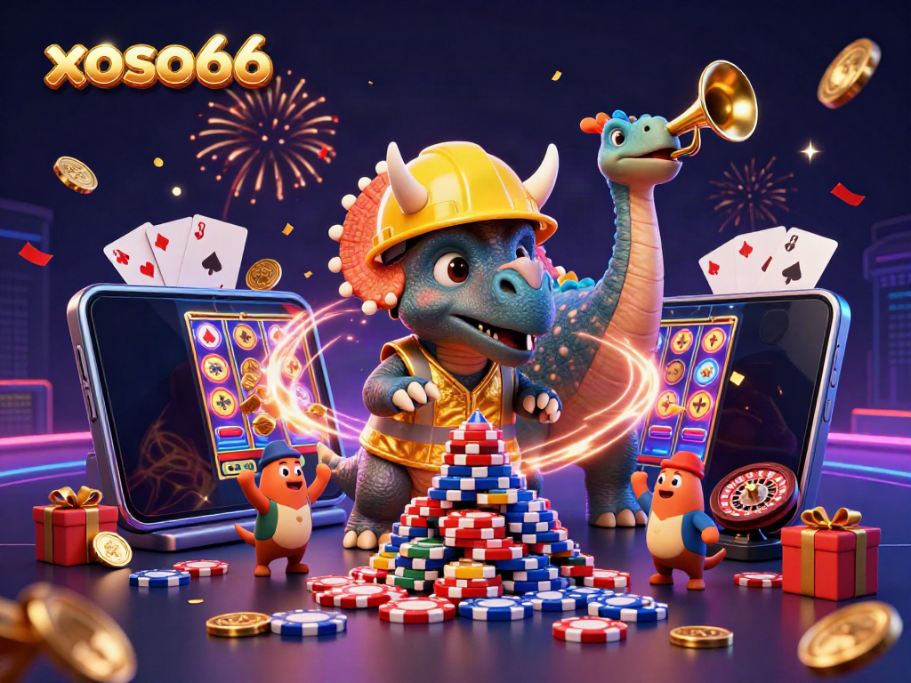 Experience excitement with xoso66 as a cartoon triceratops builds poker chip pyramid amidst a lively casino scene.