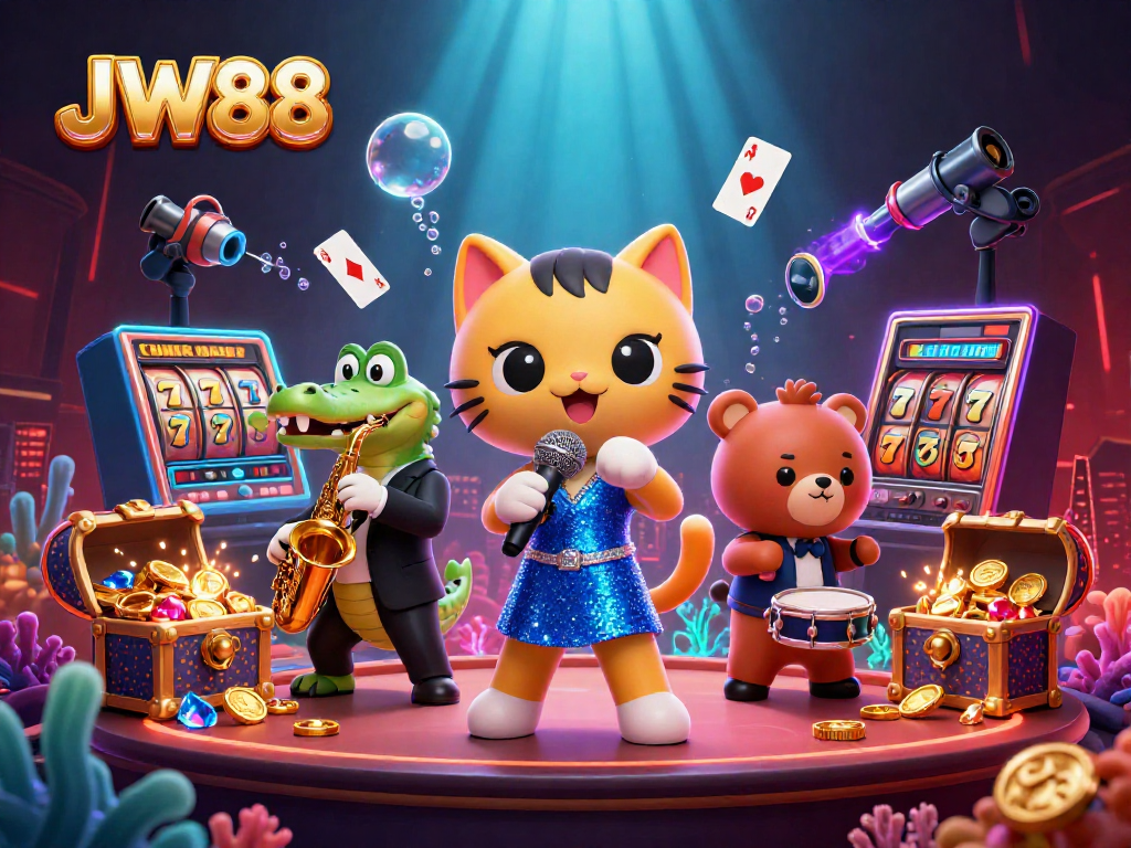 Win big at JW88 with a vibrant casino scene featuring a singing cat, saxophone crocodile, and bear drummer