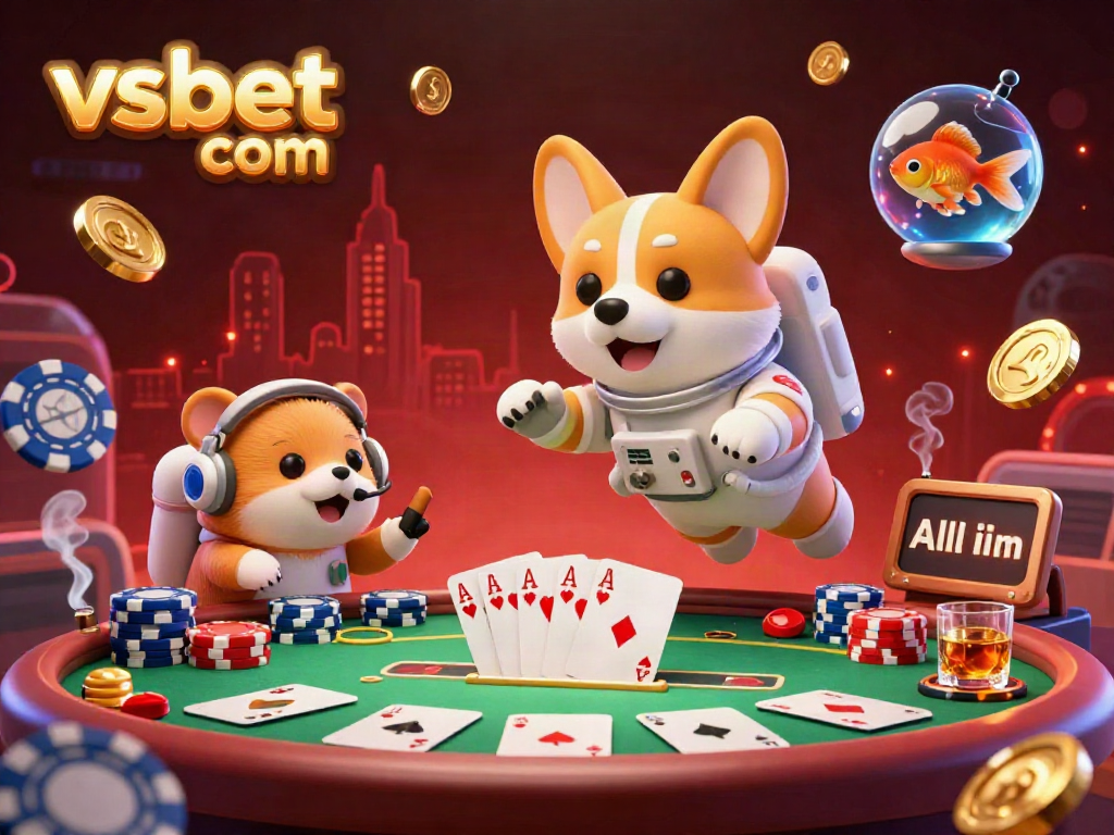 Experience thrilling gameplay at vsbet com with a playful scene featuring a floating corgi, hamster, and goldfish in a vibrant casino setting.