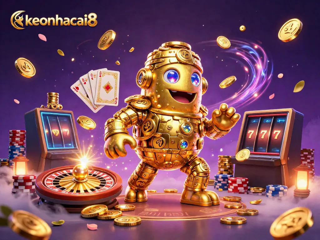 Engage with keonhacai8 and immerse in a vibrant casino scene showcasing animated golden golem surrounded by rich gaming elements.