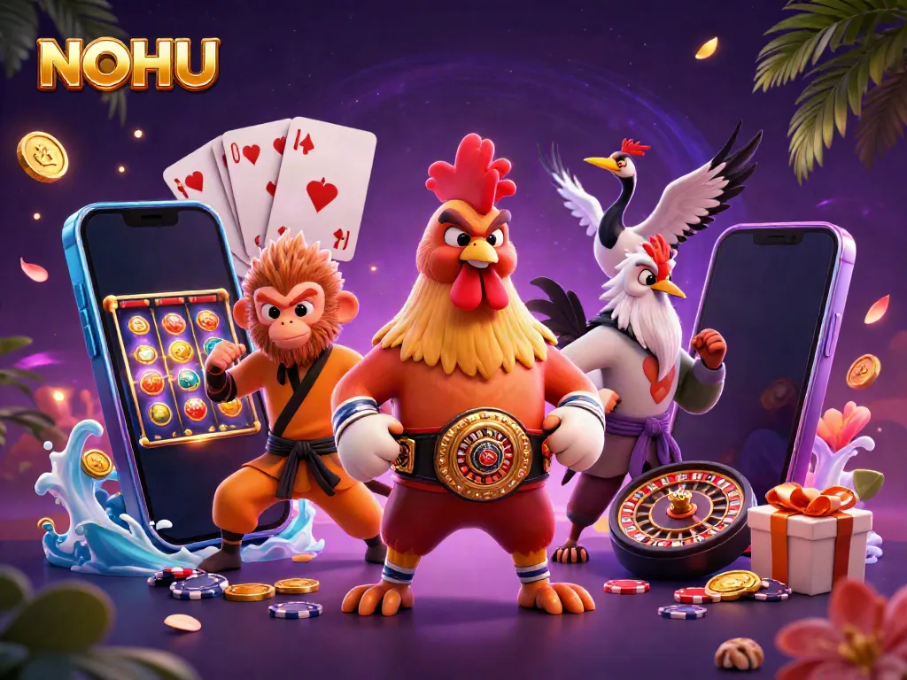 Play with NOHU's vibrant slot games amidst a packed scene of colorful characters and actions.
