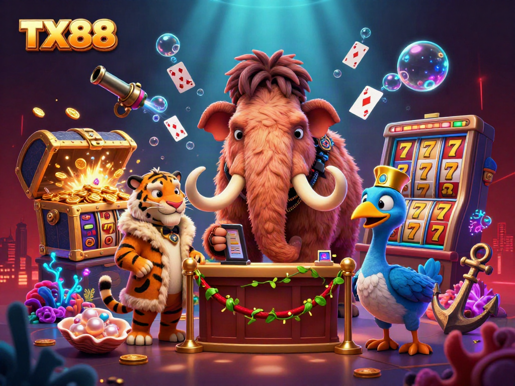 Engage with TX88 casino adventure featuring a woolly mammoth bouncer, saber-tooth tiger guest, and vibrant gaming elements.