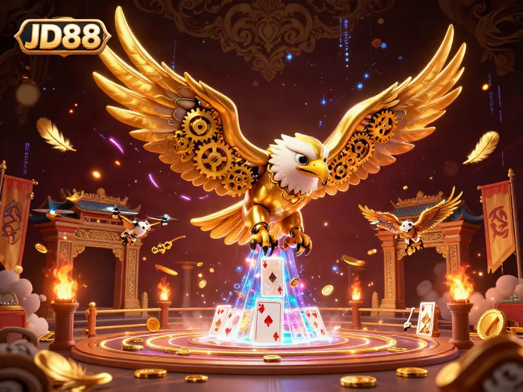 Experience thrilling gameplay at JD88 with a golden eagle diving through holographic cards in an exciting casino scene.