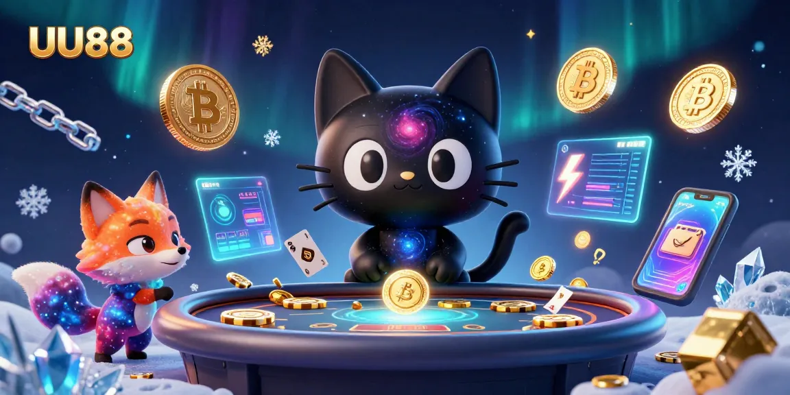 Try your luck with UU88 in a vibrant cosmic casino filled with golden chips and cards.