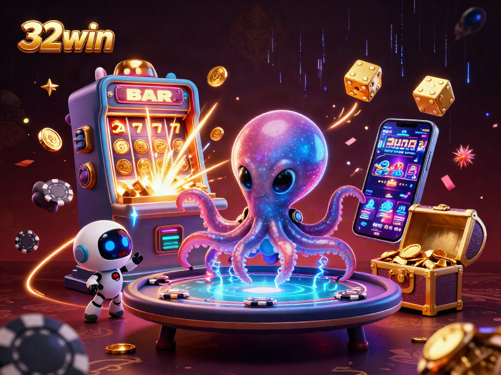 Engage with 32win in a vibrant 3D casino scene featuring an alien octopus and exciting games.