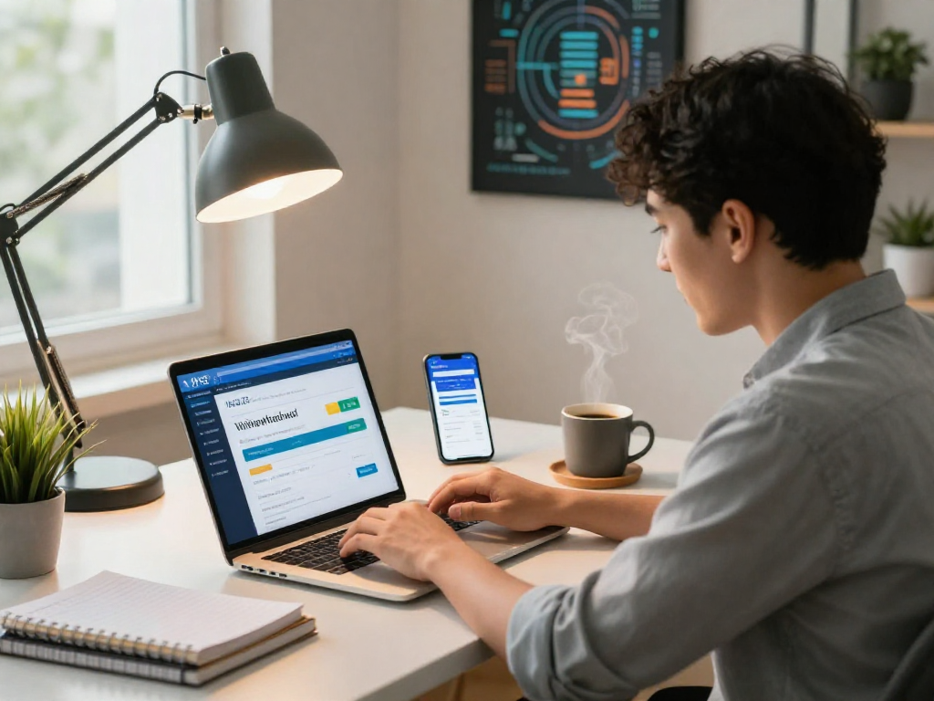 Rút Tiền Net88 transaction on laptop in a modern home office with stylish decor.