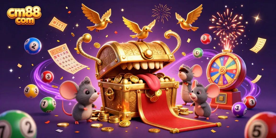 Engage with cm88 com's exciting lottery scene featuring a dynamic golden treasure chest and vibrant game elements.