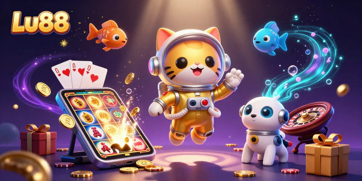 Lu88 interactive slots game illustration with a cat astronaut amidst colorful gaming elements.