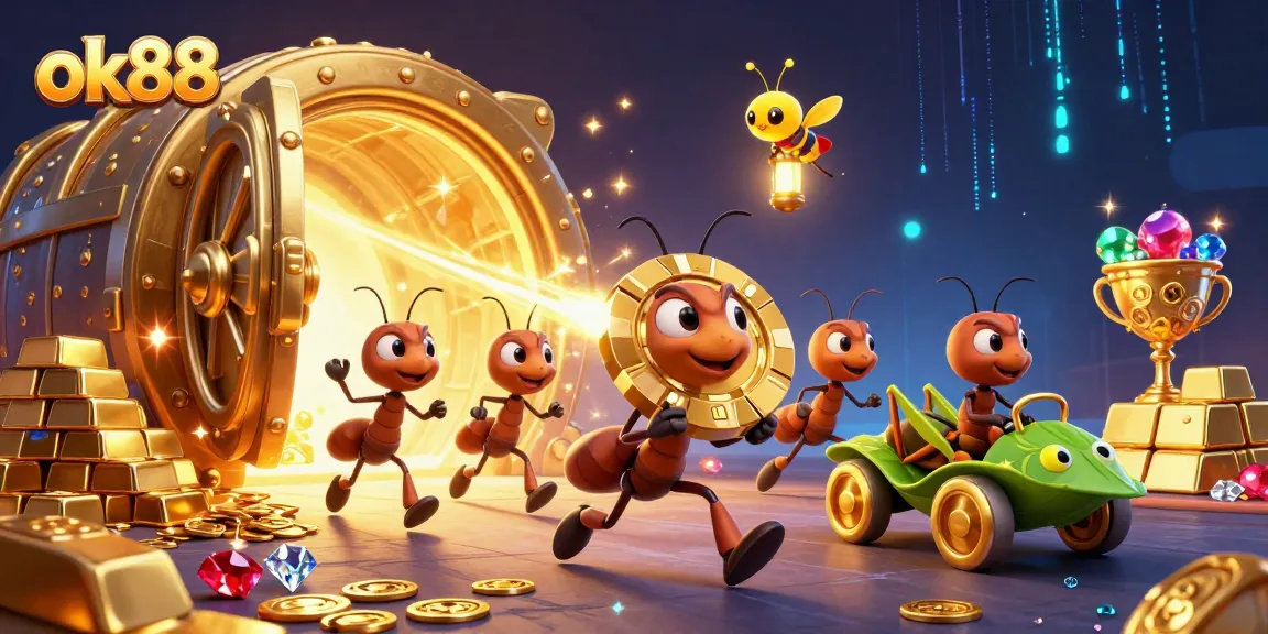 Experience a vivid heist scene featuring the ok88 team of ants amid treasures and casino elements.