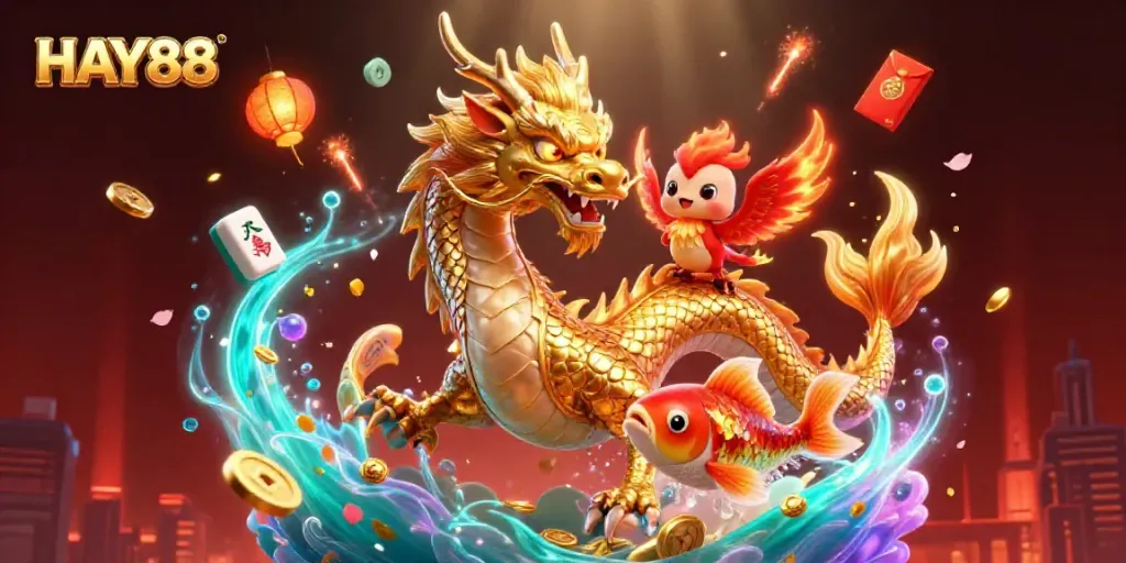 Experience thrilling gaming at HAY88 with an ultra-detailed casino scene featuring vibrant symbols and characters.