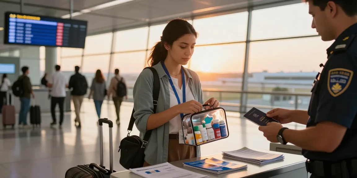 Traveling to UAE with medicine at airport security checkpoint with medication essentials.