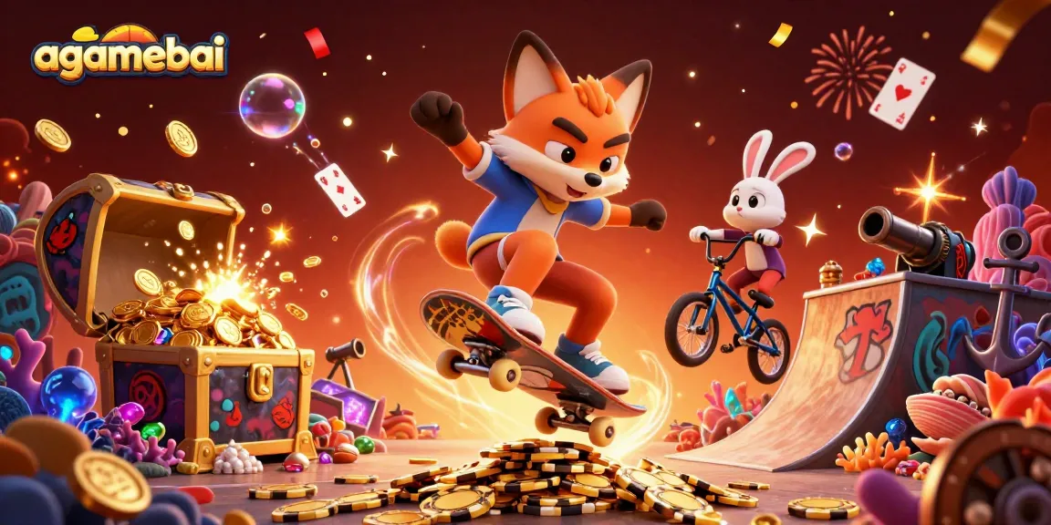 Experience the thrill of agamebai as the fox skateboards over poker chips with vibrant casino elements.