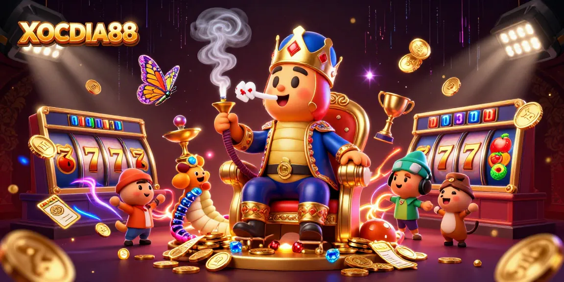 Experience the excitement of XOCDIA88 with vibrant illustrations showcasing slot games, casino elements, and a captivating caterpillar character.