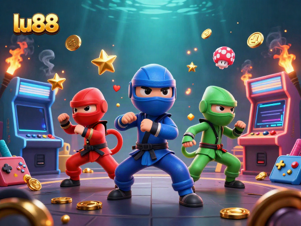 Experience thrilling action as the lu88 ninja chameleon team battles with golden stars amid dynamic casino arcade elements.