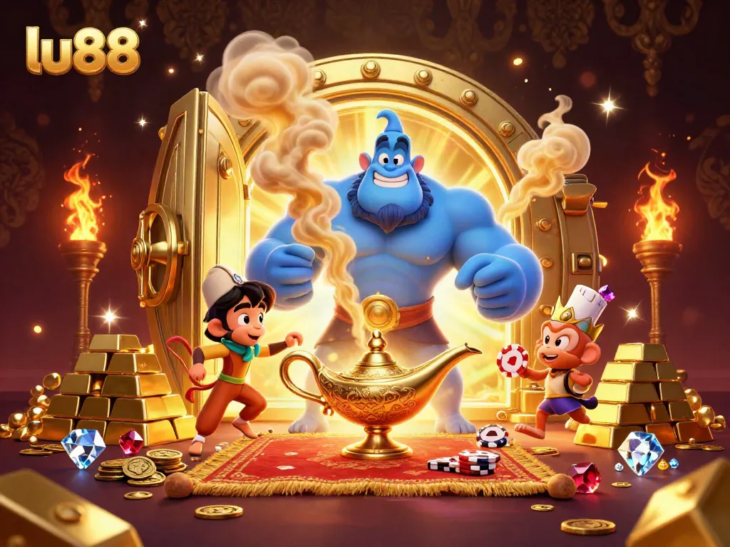 Experience the excitement of lu88 as a genie grants you golden opportunities with casino elements.