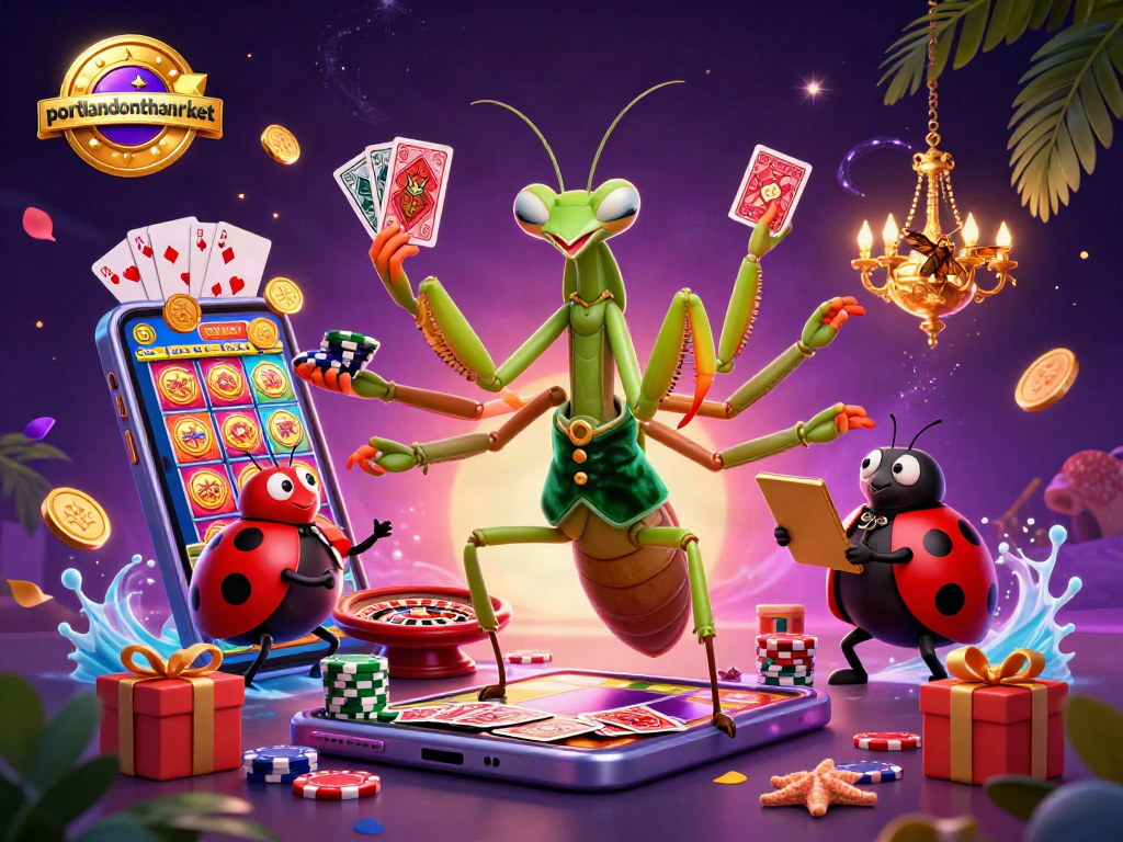 Spin and win with the vibrant portlandonthemarket casino scene featuring animated characters and colorful games.