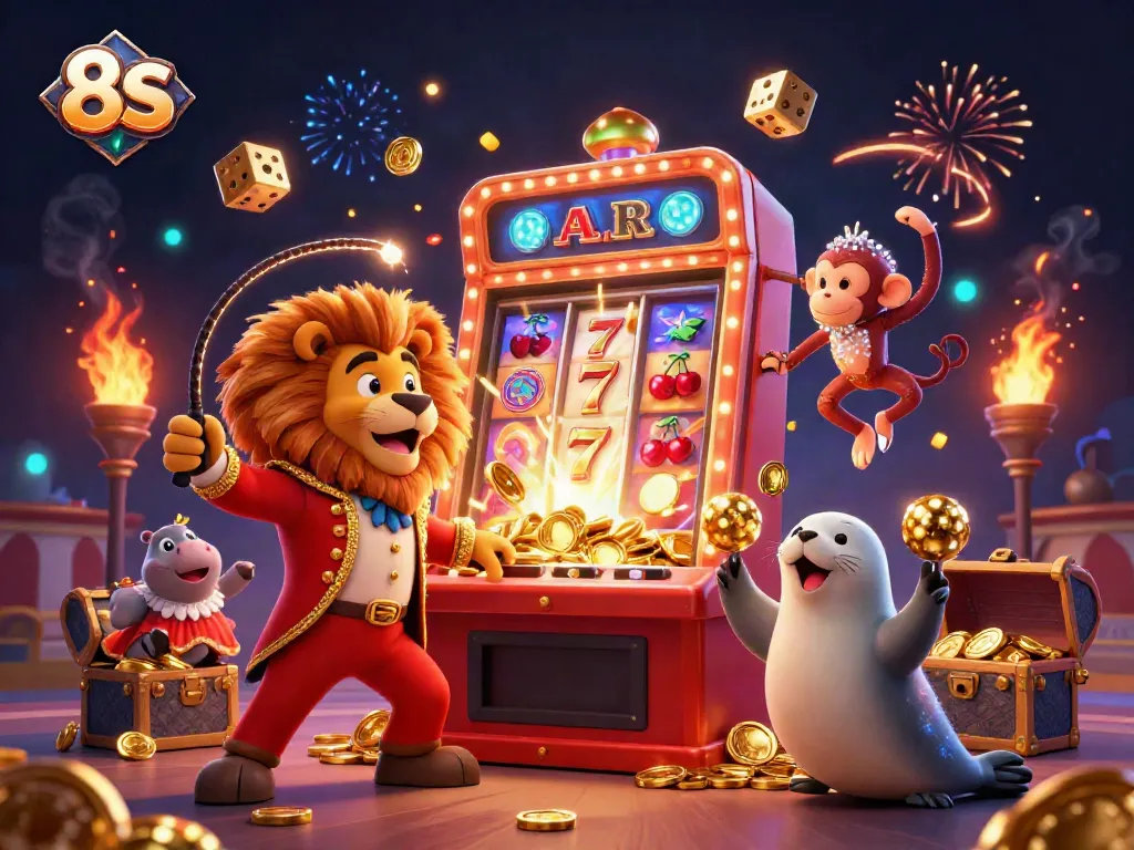 Experience the thrill of 8S with a vibrant casino scene featuring characters and a slot machine.