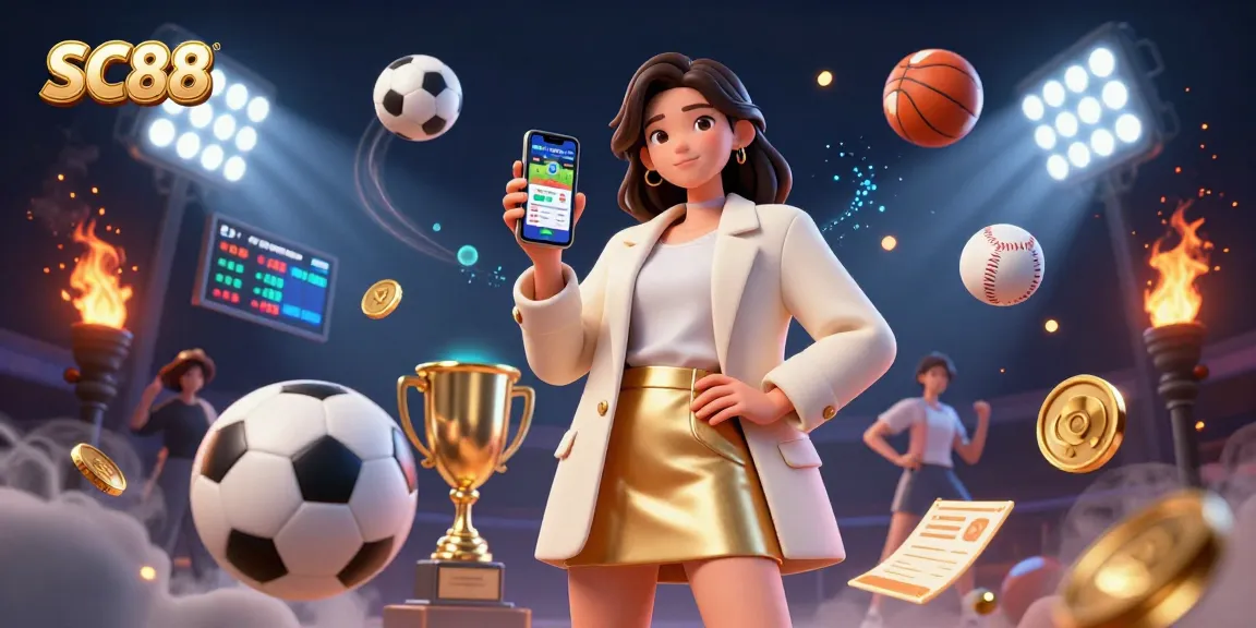 Place bets with SC88 while a friendly Asian woman shows off a sports betting app amidst dynamic 3D game elements.