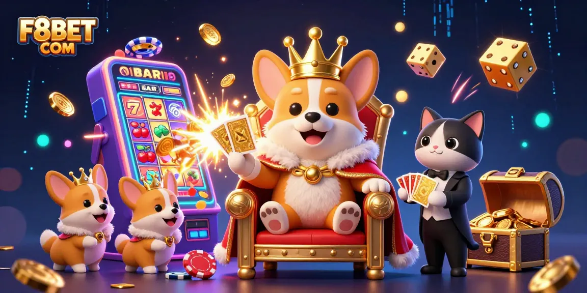 Experience the thrilling atmosphere of F8BET COM with delightful corgis and exciting slot games.